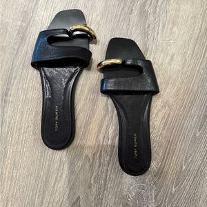 Tory Burch Black Slide Sandals with Gold Accent